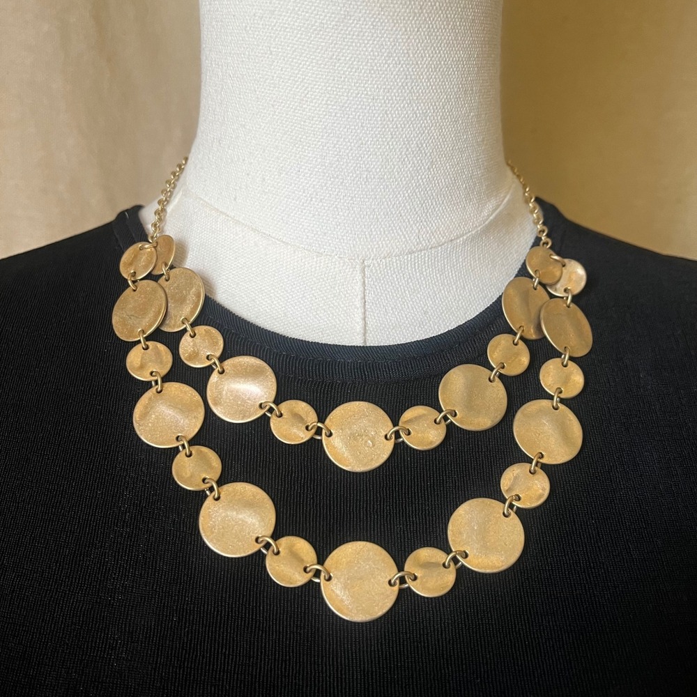Vintage Hammered Gold Disc Statement Necklace Layered Sculptural Collar 20"